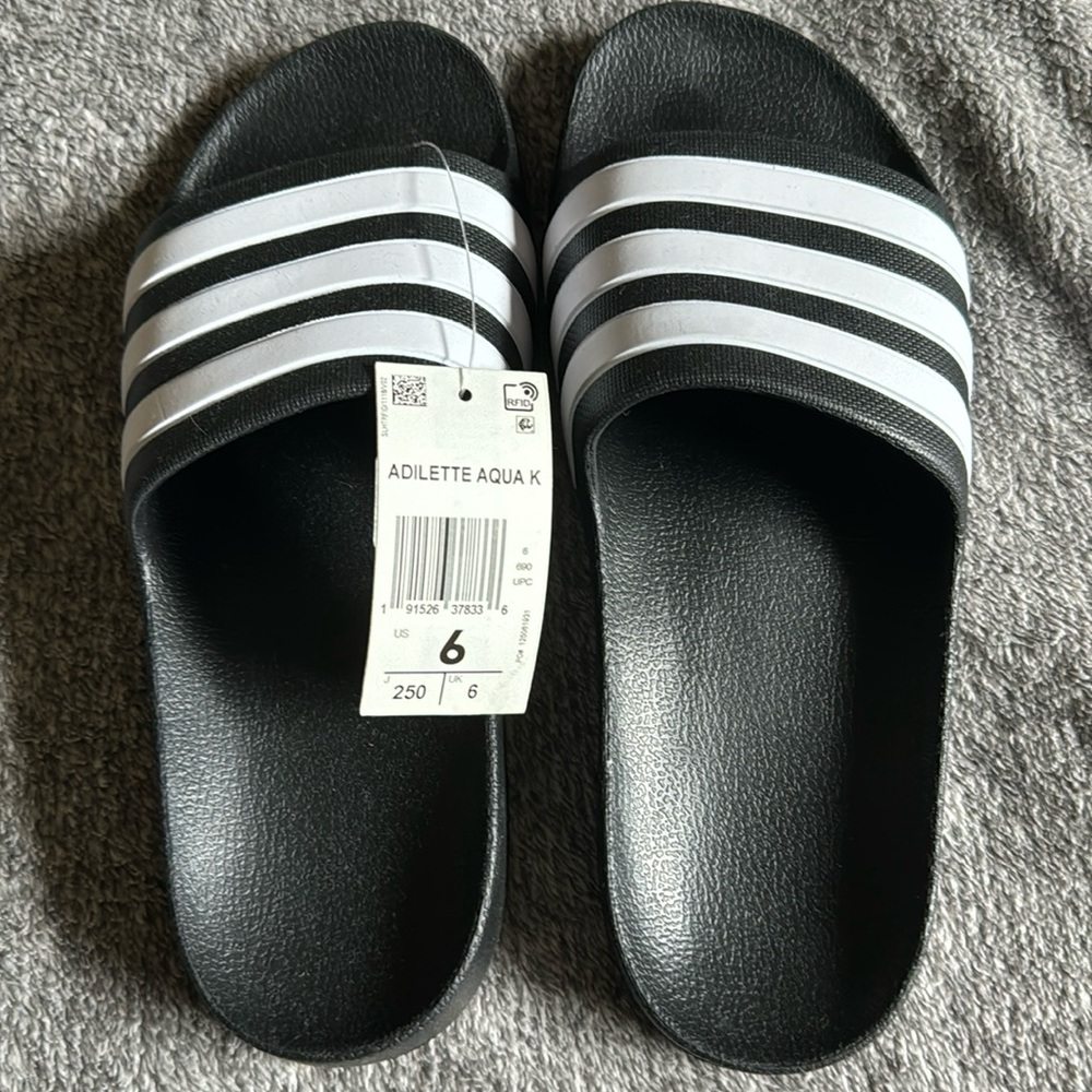 New! BOGO Adidas- Black And White Basic Classic Striped Slides Size 6 NWT